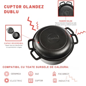Ceaun din fonta cu capac 2in1, Uno Casa, tip cuptor olandez, oala 4.7L, tigaie 1.5L, pre-asezonat, suporturi din silicon termorezistent incluse - Img 7
