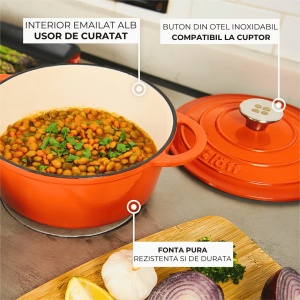Ceaun din fonta emailata 2.8L, Lätt Home, tip cuptor olandez, cu capac 22 cm, antiaderent, alb - Img 8