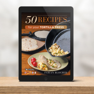 Kit Presa tortilla, Tortillada, fonta pre-asezonata, hartie de copt x 100 buc, e-book 50 retete din bucataria mexicana