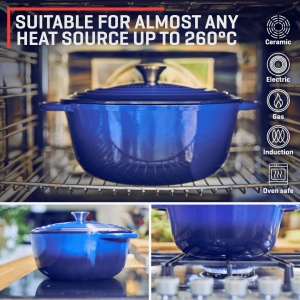 Oala cu capac din fonta emailata albastra, Uno Casa, tip cuptor olandez, 5.7L, 28 cm, suporturi din silicon termorezistent incluse - Img 4