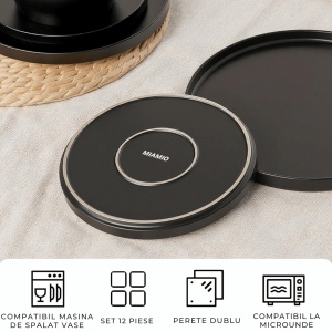 Serviciu de masa pentru 4 persoane, Set 12 piese Luxe, Boluri, Farfurii intinse, ceramica, negru - Img 5