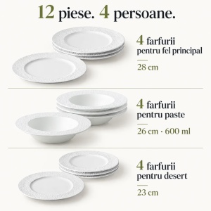 Serviciu de masa pentru 4 persoane, Set 12 piese Oasis White, Farfurii intinse/adanci, ceramica alba - Img 2