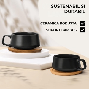 Serviciu de masa pentru 4 persoane, Set complet 16 piese Luxe, Cesti, Boluri, Farfurii intinse, ceramica, negru - Img 7