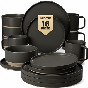 Serviciu de masa pentru 4 persoane, Set complet 16 piese Sierra Basalt, Cani, Boluri, Farfurii intinse, ceramica, antracit