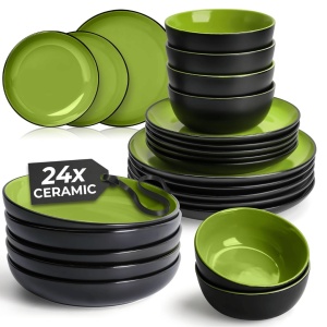 Serviciu de masa pentru 6 persoane, Set 24 piese Le Papillon, Boluri, Farfurii intinse/adanci, ceramica, verde