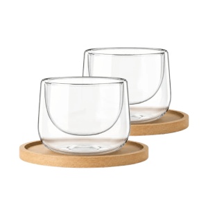 Set 2 pahare cappuccino Lagoa, perete dublu, sticlă borosilicată, suport bambus, 180 ml