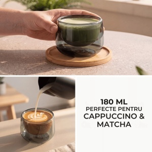 Set 2 pahare cappuccino Lagoa, perete dublu, sticlă gri, suport bambus, 180 ml - Img 5