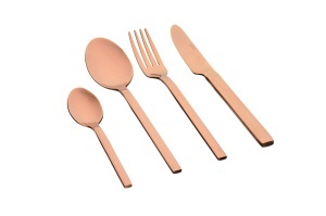 Set 24 Tacamuri inox EMUND, 6 persoane, 6 x Cutite, 6 x Linguri, 6 x Furculite, 6 x Lingurite, Otel inoxidabil, design drept elegant, Cupru lucios - Img 1