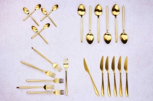 Set 24 Tacamuri inox OLAF, 6 persoane, 6 x Cutite, 6 x Linguri, 6 x Furculite, 6 x Lingurite, Otel inoxidabil, design rafinat, Auriu mat - Img 3