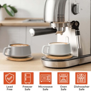 Set 4 Cesti de cappuccino cu farfurie din bambus, colectia Luxe, ceramica, gri, 320 ml - Img 6