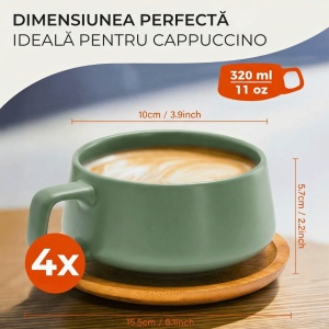 Set 4 Cesti de cappuccino cu farfurie din bambus, colectia Luxe, ceramica, Evergreen, 320 ml - Img 2