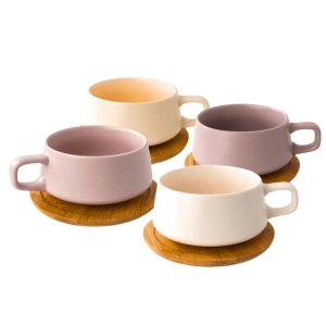 Set 4 Cesti de cappuccino cu farfurie din bambus, colectia Luxe, ceramica, Cream Rose, 320 ml