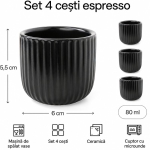 Set 4 Cesti Espresso, Senita Negru, ceramica, fara toarta, 80 ml - Img 2