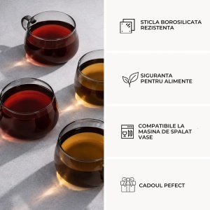 Set 4 Pahare de ceai cu farfurie din bambus, colectia Olea, sticla, gri transparent, 280 ml - Img 7