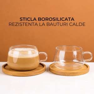 Set 4 Pahare de ceai cu farfurie din bambus, colectia Olea, sticla, transparent, 280 ml - Img 4