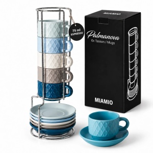 Set 6 Cesti de espresso cu farfurie, colectia Palmanova Ocean multicolor, ceramica, 75 ml