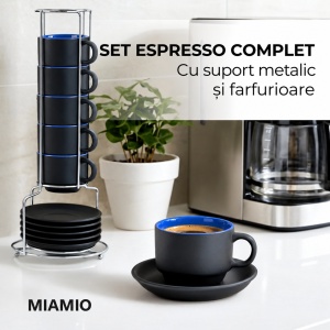 Set 6 Cesti espresso 75 ml cu farfurioare si suport, MIAMIO Le Papillon, albastru - Img 3