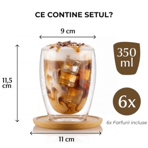 Set 6 Pahare Cappuccino Perete dublu, Sticla borosilicata, fara Toarta, cu Suport din Bambus, 350ml - Img 2