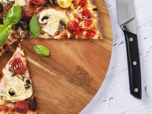 Tocător rotund de bucătărie din lemn de salcâm STINE, cu mâner inox ergonomic, Ø31 cm - Img 4