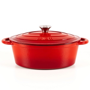 Oala ovala din fonta emailata, 6 L, cu capac, tip cuptor olandez, Cocotte by Lätt Home, 33 x 26 cm, rosu Cherry