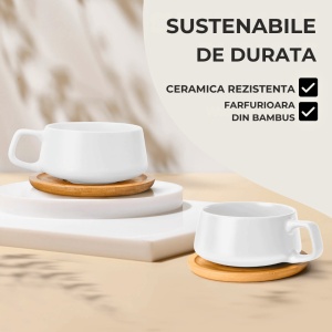 Serviciu de masă Luxe MIAMIO, 16 piese pentru 4 persoane – Farfurii, Boluri și Cești cappuccino, ceramică albă - Img 8