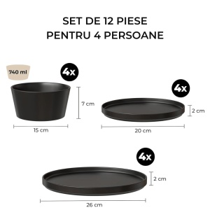 Serviciu de masa pentru 4 persoane, Set 12 piese Luxe, Boluri, Farfurii intinse, ceramica, negru - Img 2