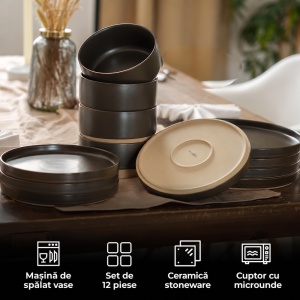 Serviciu de masa pentru 4 persoane, Set 12 piese Sierra Basalt, Boluri, Farfurii intinse, ceramica, antracit - Img 5