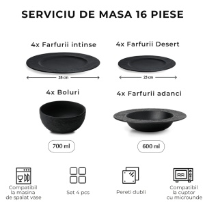 Serviciu de masa pentru 4 persoane, Set 16 piese Oasis, Boluri, Farfurii intinse/adanci, ceramica, negru - Img 2