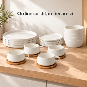 Serviciu de masa pentru 4 persoane, Set complet 16 piese Luxe, Cesti, Boluri, Farfurii intinse, ceramica, alb - Img 7