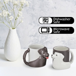 Set 2 Cani cuplu indragostiti, personalizate cu Catelusi 3D, cadou original pentru el&ea, cafea/ceai, ceramica, alb/maro, 300 ml - Img 3