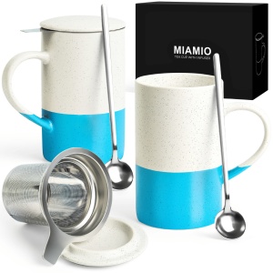 Set 2 Cani de ceai cu infuzor, cu capac si lingurita, 500ml, ceramica, albastru