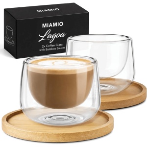 Set 2 pahare cappuccino Lagoa, perete dublu, sticlă borosilicată, suport bambus, 180 ml - Img 8