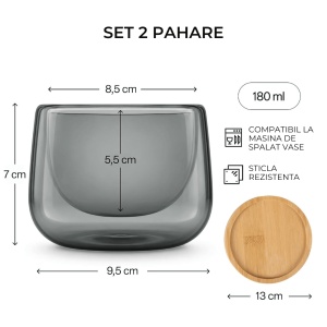 Set 2 pahare cappuccino Lagoa, perete dublu, sticlă gri, suport bambus, 180 ml - Img 2