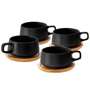 Set 4 Cesti de cappuccino cu farfurie din bambus, colectia Luxe, ceramica, negru, 320 ml
