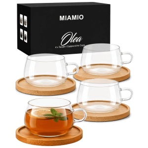 Set 4 Pahare de ceai cu farfurie din bambus, colectia Olea, sticla, transparent, 280 ml - Img 8