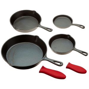 Set 4 Tigai din fonta cu coada, Crucible Cookware, 4 dimensiuni 13cm/15cm/20cm/25cm, 2 x Manere silicon termorezistent incluse - Img 2