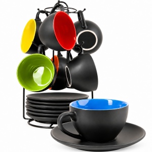 Set 6 Cesti de cappuccino cu farfurioara, Le Papillon Multicolor, ceramica, 175 ml