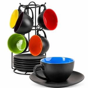 Set 6 Cesti de cappuccino cu farfurioara, Le Papillon Multicolor, ceramica, 175 ml