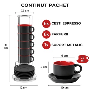 Set 6 Cesti de espresso cu farfurie, colectia Le Papillon, ceramica, rosu, 75 ml - Img 2