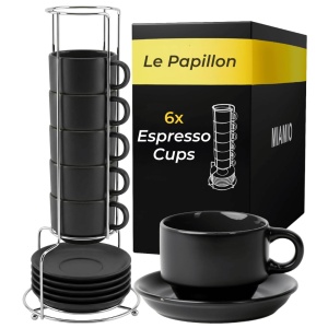 Set 6 Cesti de espresso cu farfurie, colectia Le Papillon, ceramica, negru, 75 ml