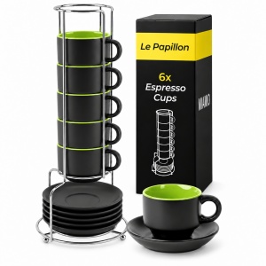 Set 6 Cesti espresso 75 ml cu farfurioare si suport, MIAMIO Le Papillon, verde