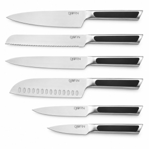 Set 6 Cutite de bucatarie Loki, lame inox satinat, manere cu insertii ABS negre