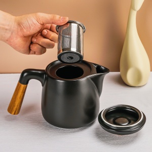 Set Ceainic cu infuzor si 4 Cesti pentru ceai, cu farfurii din bambus, 1000ml, 4x300ml, ceramica, negru - Img 3