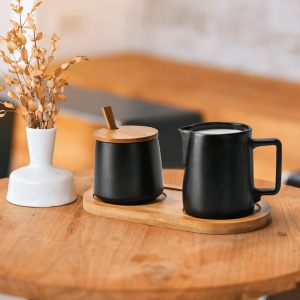 Set Latiera si Zaharnita cu tava de servire cafea, cana lapte 240ml, recipient zahar 200ml cu capac si lingurita, ceramica, negru - Img 5