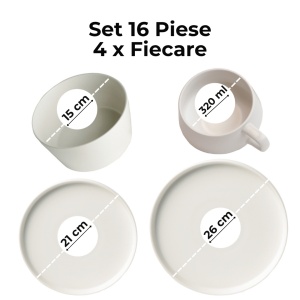 Serviciu de masă Luxe MIAMIO, 16 piese pentru 4 persoane – Farfurii, Boluri și Cești cappuccino, ceramică albă - Img 9