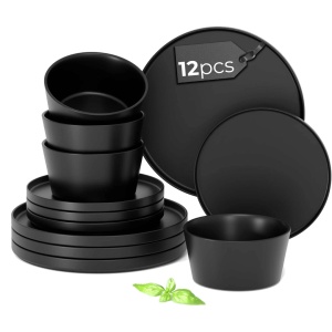 Serviciu de masa pentru 4 persoane, Set 12 piese Luxe, Boluri, Farfurii intinse, ceramica, negru