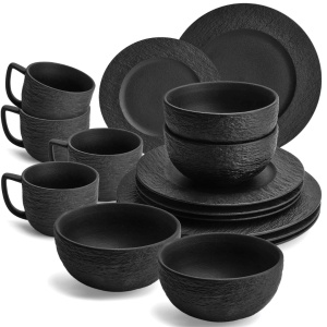 Serviciu de masa pentru 4 persoane, Set 16 piese Oasis, Cani, Boluri, Farfurii intinse, ceramica, negru