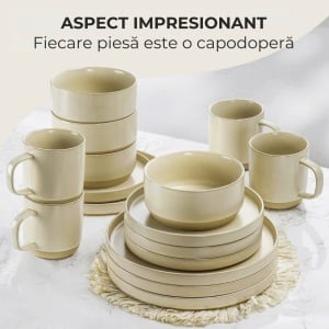 Serviciu de masa pentru 4 persoane, Set 16 piese Sierra Sand, Cani, Boluri, Farfurii intinse, ceramica, bej - Img 4