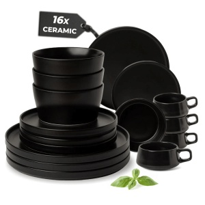 Serviciu de masa pentru 4 persoane, Set complet 16 piese Luxe, Cesti, Boluri, Farfurii intinse, ceramica, negru