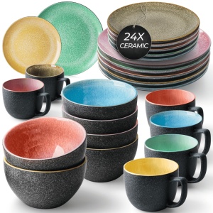 Serviciu de masa pentru 6 persoane, Set complet 24 piese Las Palmitas, Cani, Boluri, Farfurii intinse, ceramica, multicolor